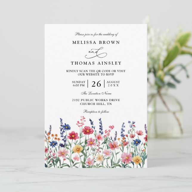 Wildflower Rustic Country Boho QR Code Wedding Invitation (Standing Front)