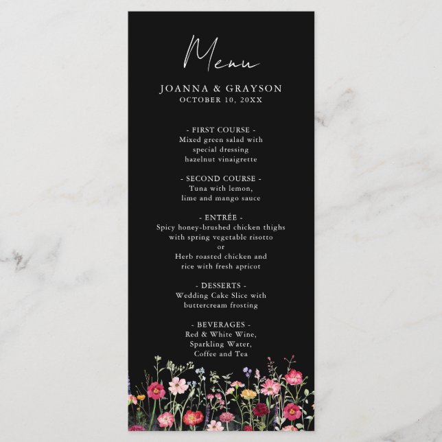 Wildflower Rustic Country Floral Garden Wedding Menu (Front)