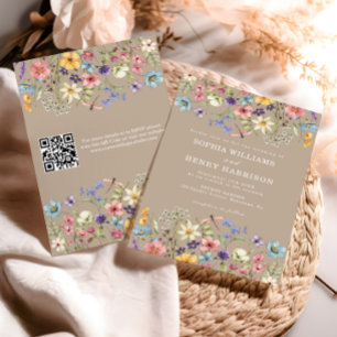 Wildflower Rustic Country Taupe Wedding QR Code  Invitation