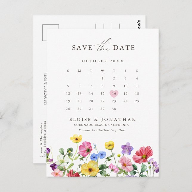Wildflower Rustic Floral Calendar Save the date Postcard (Front/Back)