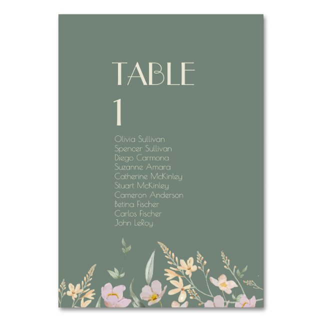 Wildflower Sage Deco Table Number with Guests (Front)