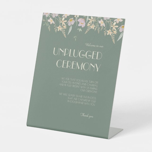 Wildflower Sage Deco Wedding Unplugged Ceremony Pedestal Sign (Front)