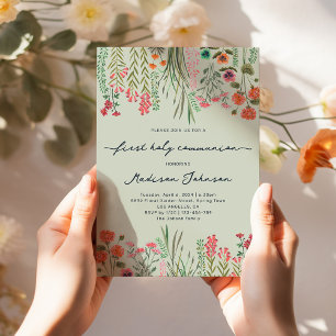 Wildflower Sage Green First Holy Communion Invitation
