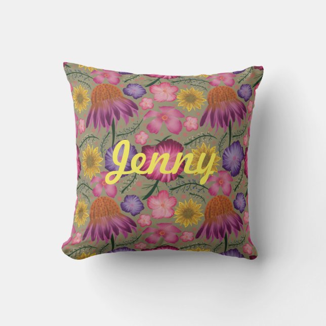 Wildflower Sage Green Floral Personalised  Cushion (Front)
