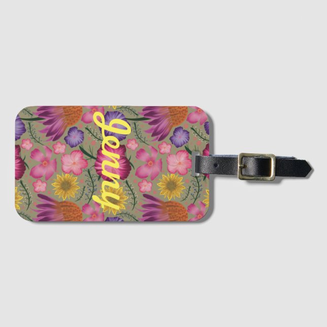 Wildflower Sage Green Floral Personalised  Luggage Tag (Front Horizontal)