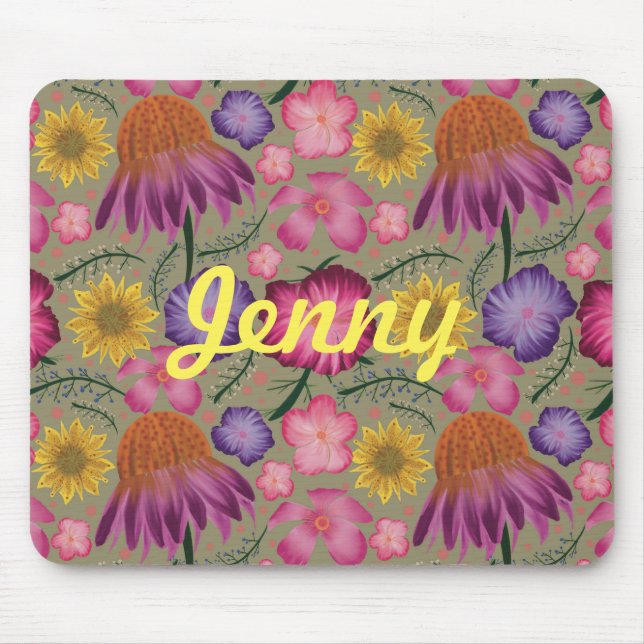 Wildflower Sage Green Floral Personalised Mouse Pad (Front)