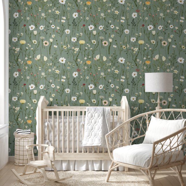 Wildflower Sage Green Floral Yellow White Flowers Wallpaper (Kids)