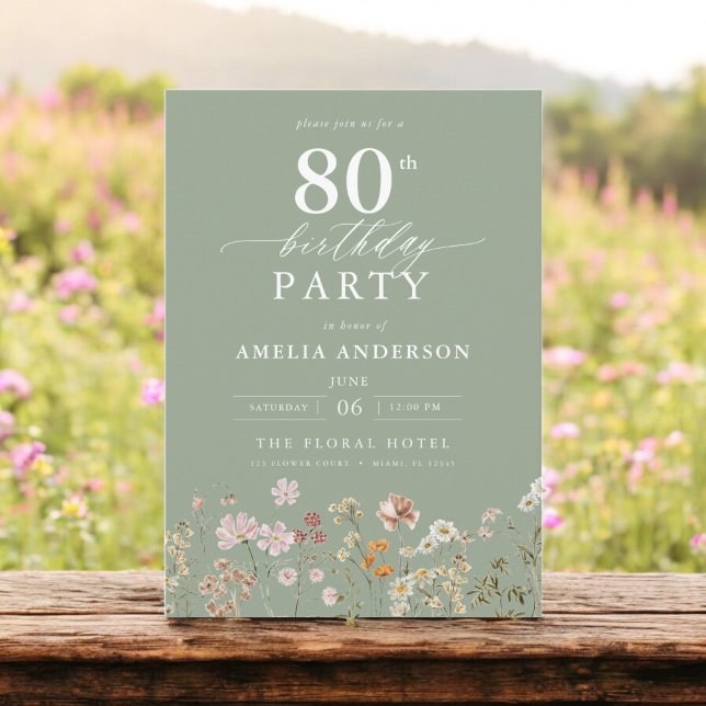 Wildflower Sage Green Garden Floral 80th Birthday Invitation (Creator Uploaded)
