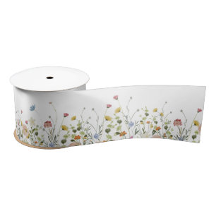 Wildflower Satin Ribbon, Summer field flowers Ribbon