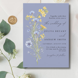 wildflower script blue wedding  invitation
