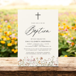 Wildflower Script Neutral Beige Baptism Invitation