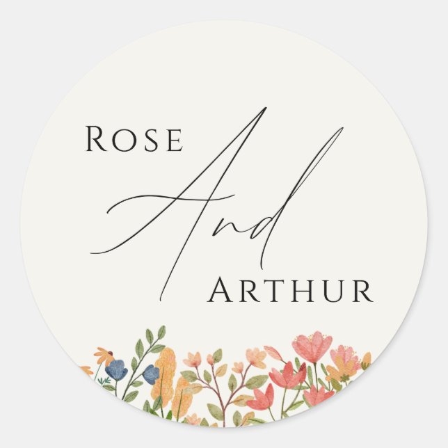 Wildflower Script Wedding Classic Round Sticker (Front)