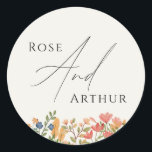 Wildflower Script Wedding Classic Round Sticker<br><div class="desc">This whimsical minimalist script wedding classic round sticker is perfect for your classic simple black and white minimal modern boho wedding. The design features elegant, delicate, and romantic handwritten calligraphy lettering with formal shabby chic typography. The look will go well with any wedding season: spring, summer, fall, or winter! The...</div>