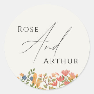 Wildflower Script Wedding Classic Round Sticker
