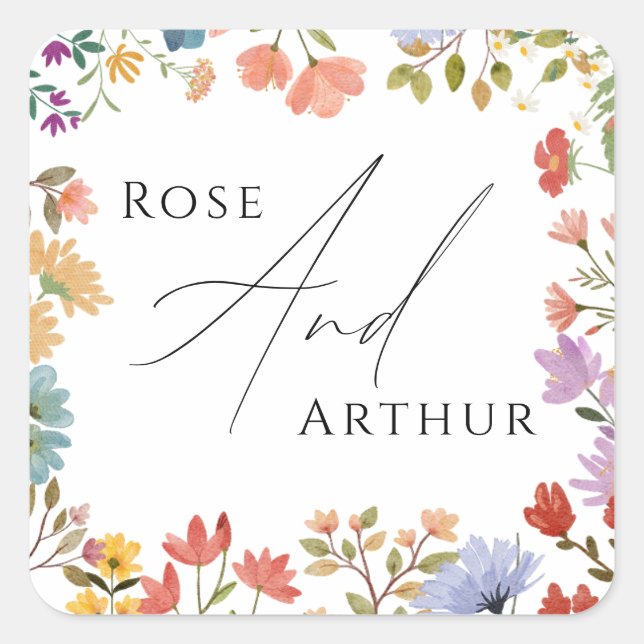 Wildflower Script Wedding Classic Round Sticker (Front)