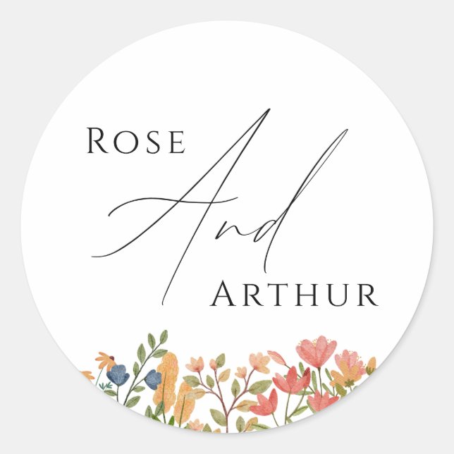 Wildflower Script Wedding Classic Round Sticker (Front)