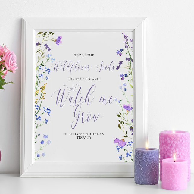 Wildflower Seeds Watch me Grow Baby Shower Favour Poster (Watch me Grow favor table sign from my Purple Wildflower Collection. Order printed or as a printable)