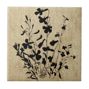 Wildflower Silhouette Burlap Ceramic Tile