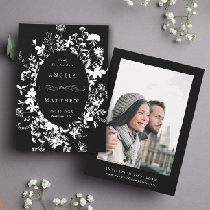 Wildflower Silhouette Wedding Black & White Photo Save The Date