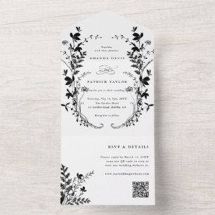 Wildflower Silhouette Wreath Wedding Black & White All In One Invitation