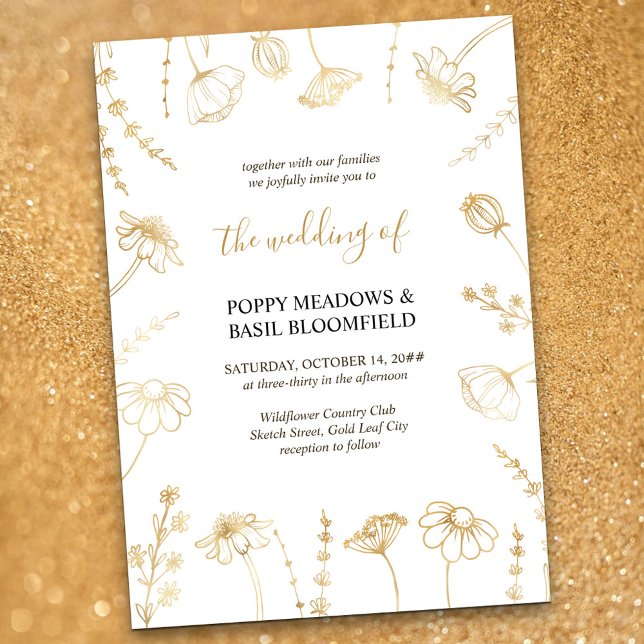 Wildflower Sketch Gold Flowers Elegant Wedding Invitation (Wedding Invitation in White & Gold, from my Wildflower Sketch collection)