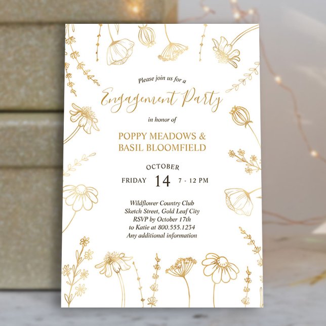 Wildflower Sketch Gold Flowers Engagement Party Invitation (Gold Wildflower Engagement Party Invite from my Engagement Party Invitations Collection)