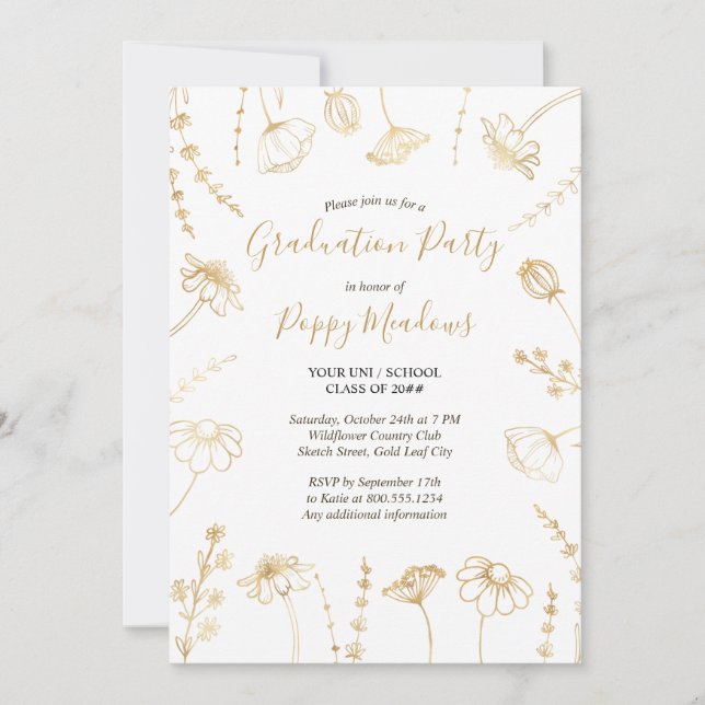 Wildflower Sketch Gold Flowers Graduation Party Invitation (Front)