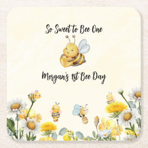 Wildflower So Sweet Bee One 1st Bee Day Birthday Square Paper Coaster