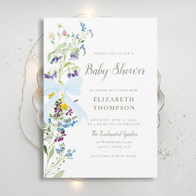 Wildflower Soft Blooms Blue Bow Boy Baby Shower Invitation (wildflowers baby shower invitation blue bow elegant garden party colorful happy watercolor rustic)
