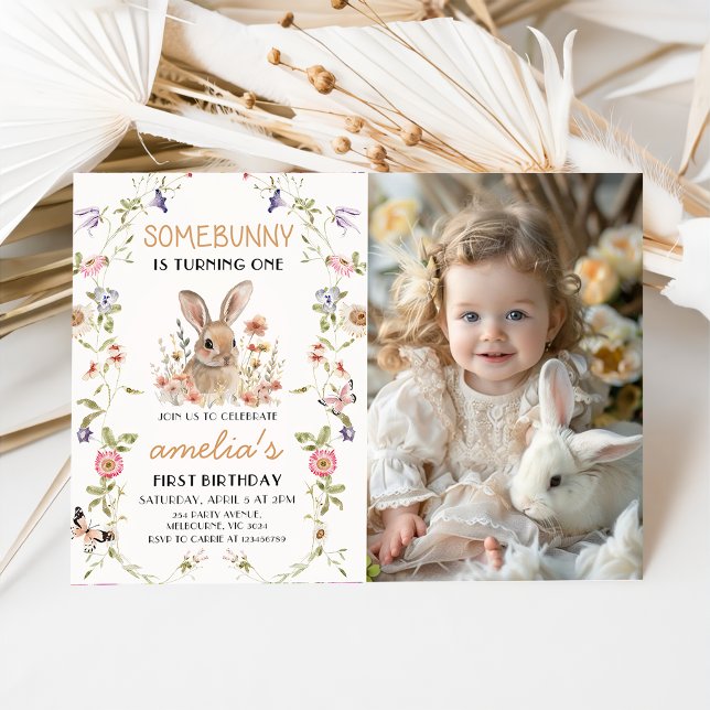Wildflower Some Bunny Girl 1st Birthday Photo Invitation (Creator Uploaded)