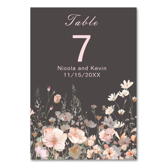 Wildflower Spring Blush Pink Floral Wedding Table Number (Front)
