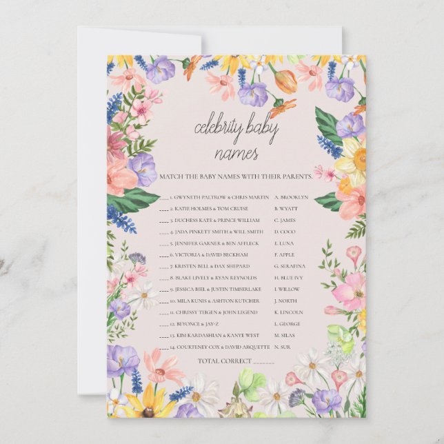 Wildflower Spring Celebrity Baby Names Game Card (Front)
