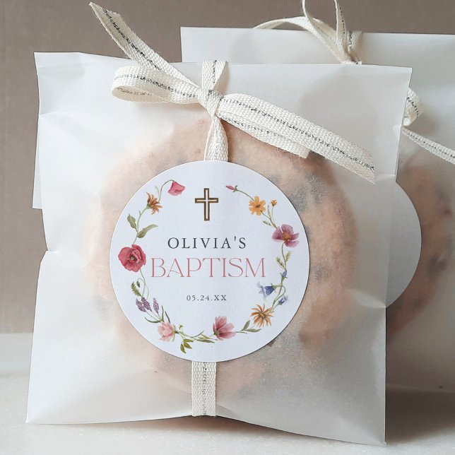 Wildflower Spring Floral Girl Baptism Party Classic Round Sticker (Creator Uploaded)