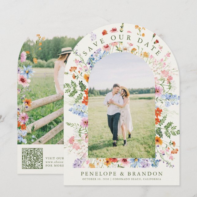 Wildflower Spring Meadow Garden QR code Photo Save The Date (Front/Back)