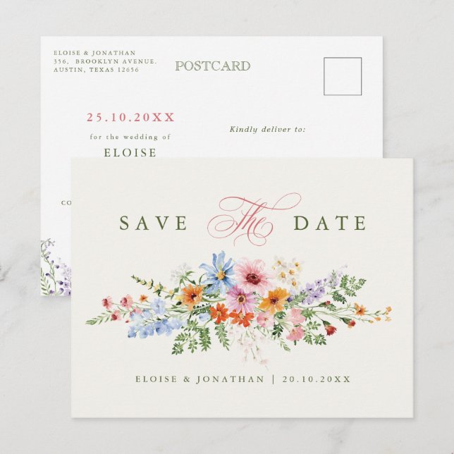 Wildflower Spring Meadow Garden Save the Date  Postcard (Front/Back)