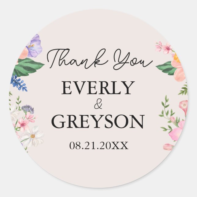 Wildflower Spring Wedding Thank You Classic Round Sticker (Front)