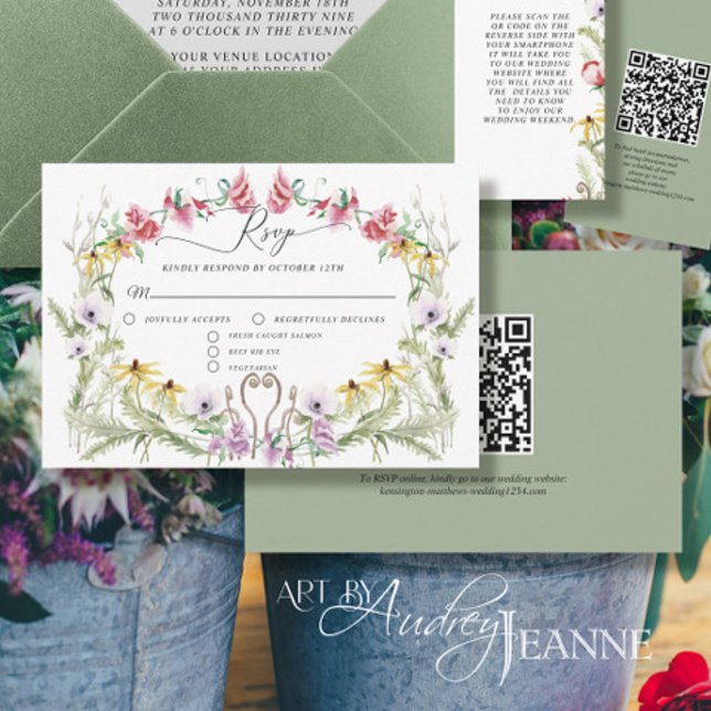 Wildflower Spring Wreath Modern Floral QR code RSVP Card (Creator Uploaded)