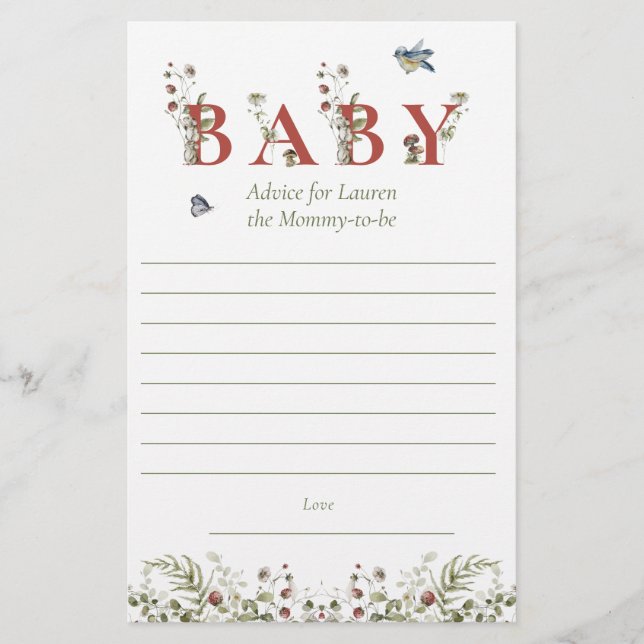 Wildflower Strawberry Baby Shower Parent Advice Flyer (Front)