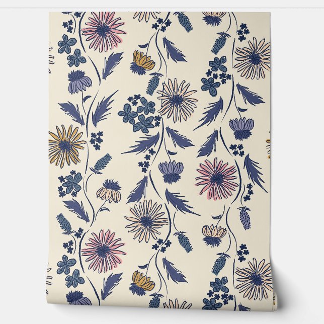Wildflower Stripes - Lavender And Denim Blue Wallpaper (Unrolling)