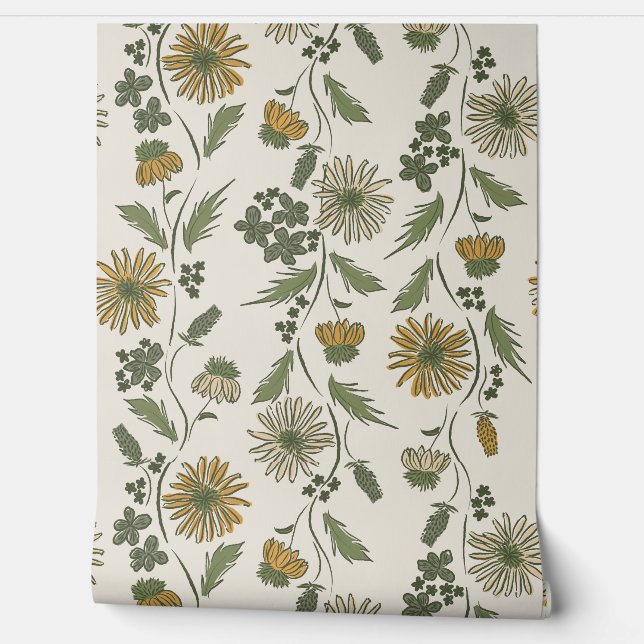 Wildflower Stripes - Mustard Gold And Deep Green Wallpaper (Unrolling)
