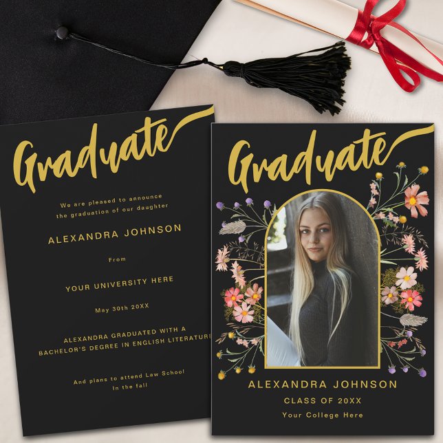 Wildflower Stylish Gold Script Graduate Photo Announcement (Boho floral stylish gold script graduate photo graduation announcement card wildflower watercolor )