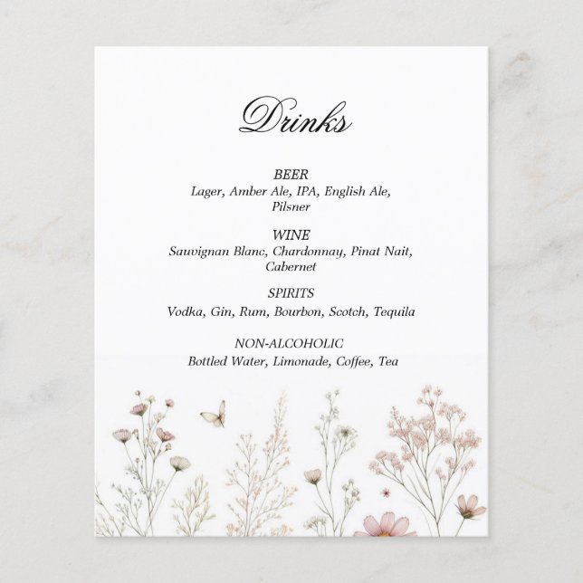 Wildflower summer minimalist drinks wedding menue (Front)