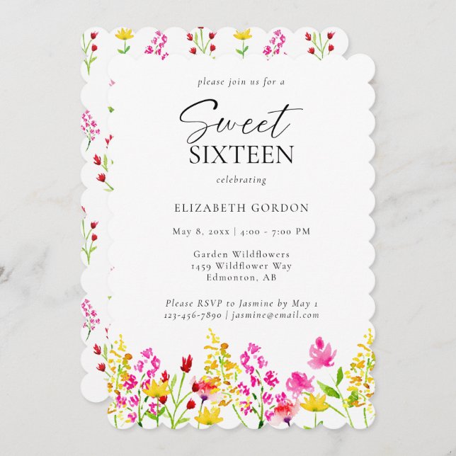 Wildflower Sweet 16 Birthday Watercolor  Invitation (Front/Back)