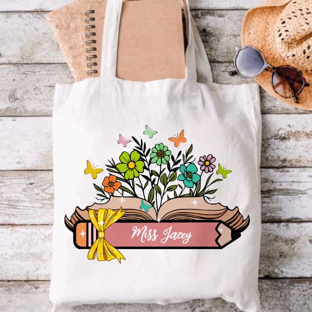 Wildflower Teacher Name, Personalised Teacher,gift Tote Bag (Wildflower Teacher Name, Custom Teacher, Personalized Teacher, Gift Teacher, Cute Teacher tote bag)