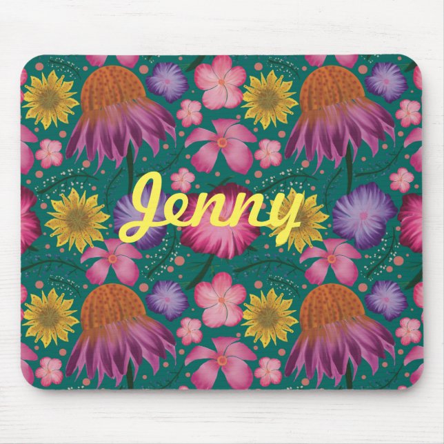 Wildflower Teal Floral Personalised Mouse Pad (Front)
