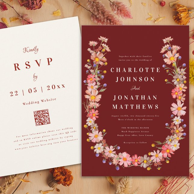 Wildflower Terracotta Beige Fall Wedding Invitation (Boho wildflower wreath terracotta fall wedding invitation )