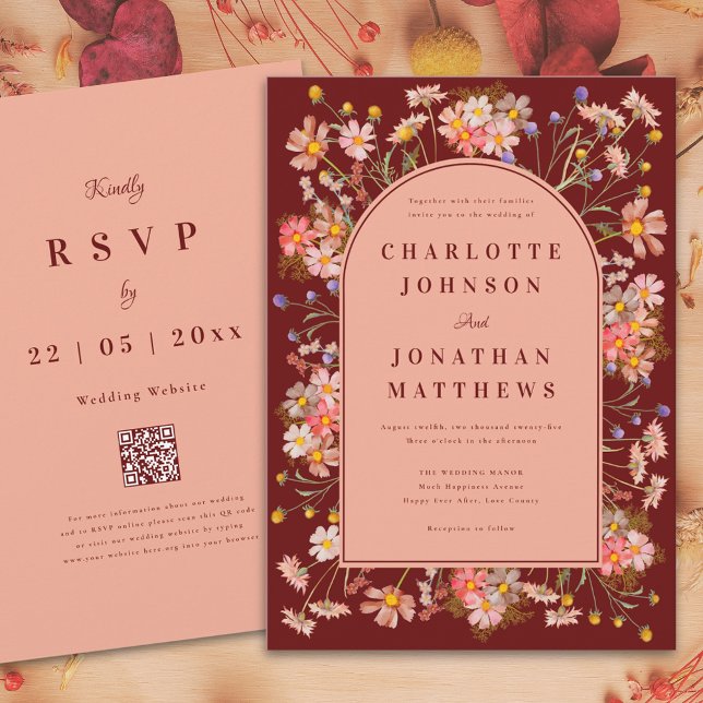 Wildflower Terracotta Burnt Orange Fall Wedding Invitation (Wildflower boho arch terracotta burnt orange fall wedding invitation with website qr code)