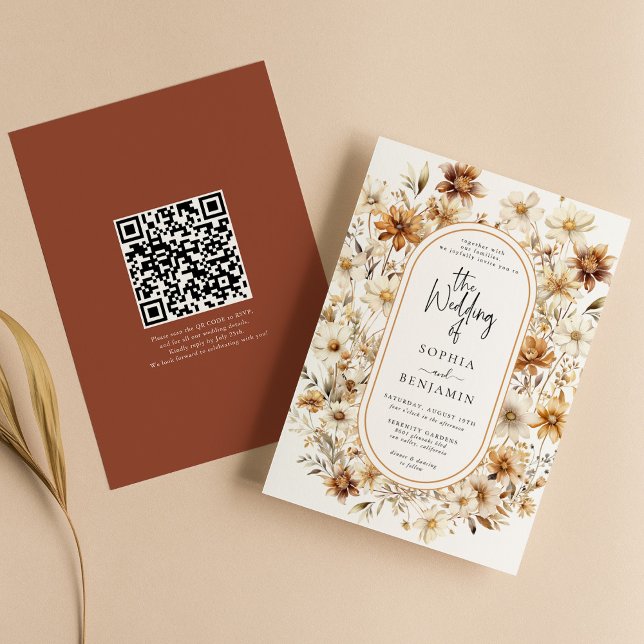 Wildflower Terracotta Floral Boho Wedding QR Code Invitation (Creator Uploaded)