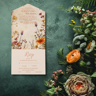 Wildflower Terracotta Floral Watercolor Wedding All In One Invitation