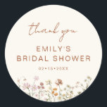 Wildflower Thank You Bridal Shower In Bloom Classic Round Sticker<br><div class="desc">Express gratitude with our Wildflower Thank You Bridal Shower In Bloom Classic Round Sticker. These charming stickers feature a delightful wildflower design, infusing a touch of natural beauty into your bridal shower thank-you notes or favours. The classic round shape adds versatility, making them perfect for various uses, from sealing envelopes...</div>